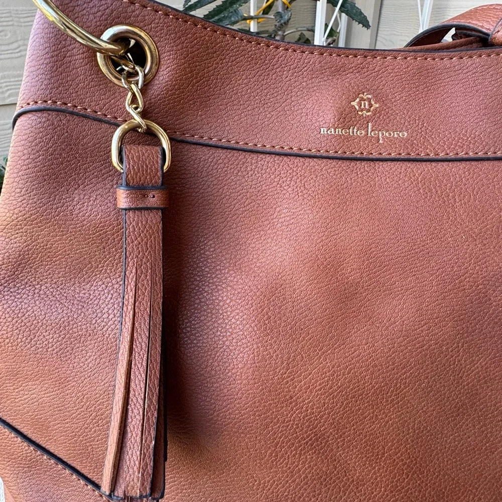 Nanette Lepore Pebbled Leather Tassel Tote Brown Boho Chic Animal Print Classic - Picture 3 of 14